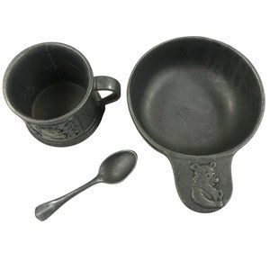 Vintage Carson Pewter Teddy Bear Baby Bowl & Spoon
